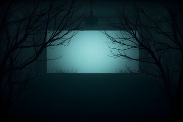 eerie forest at night with glowing blue light frame