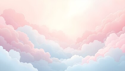 Fototapeta premium Dreamy pastel clouds with soft pink, peach, and blue tones, blending seamlessly into a calm, ethereal atmosphere with a subtle background.