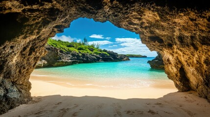 Fototapeta premium Hidden Beach Cove with Turquoise Waters and Rocks