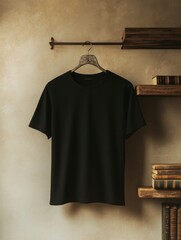 A minimalist black t-shirt hanging neatly on a metal hanger against a textured beige wall.