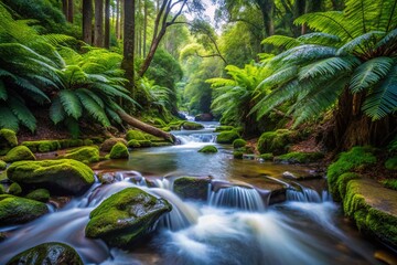 Fototapeta premium Tranquil Stream, Katoomba Falls, Blue Mountains, NSW, Australia: Lush Ferns & Verdant Forest Documentary Photography