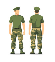 Fototapeta premium Vector illustration of a soldier in green camouflage uniform, viewed from the front and back. Minimalist flat design with clean lines on a white background.