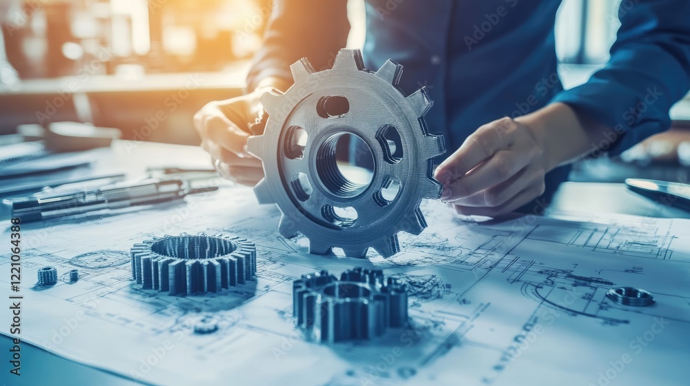 Poster A designer works on a gearbox concept, surrounded by technical blueprints and 3D printed models, representing engineering innovation.