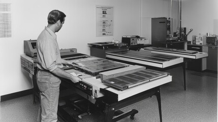 Man working with vintage computer technology and data processing equipment