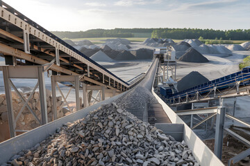 Conveyor belts transporting gravel in a quarry on a sunny day