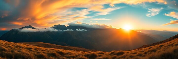 Obraz premium Breathtaking Mountain Panorama at Sunset – Scenic Nature Background with Clouds, nature background, panoramic view, peaceful mountain view