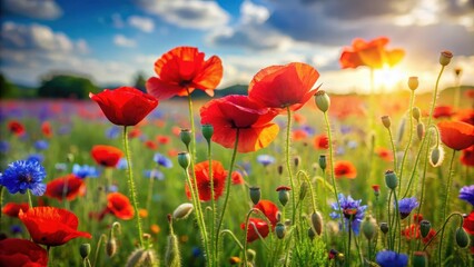 Obraz premium Vibrant red poppies sway gently in a sunny summer meadow amidst lush green grass and wildflowers