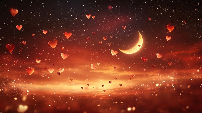 Magical Valentine’s Day atmosphere with sparkling stars, a glowing moon, and tiny hearts floating in a dark red sky.