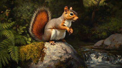 Obraz premium Squirrel Perched on Rock Surrounded by Lush Moss and Ferns in a Tranquil Forest Setting, Capturing the Beauty of Nature and Wildlife Serenity