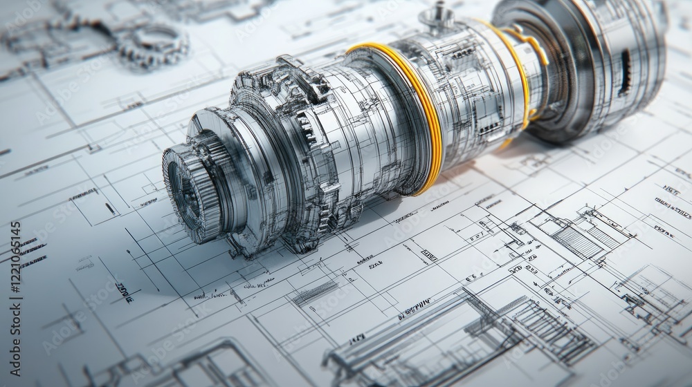 Poster A detailed view of a gearbox design process, with technical blueprints and 3D printed prototypes laying the foundation for innovation.