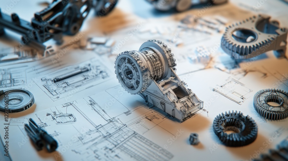 Poster A detailed view of a gearbox design process, with technical blueprints and 3D printed prototypes laying the foundation for innovation.