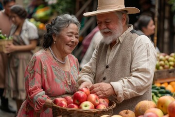 Fototapeta premium Elderly couple joyfully selecting ripe fruits at a vibrant market under bright sunny skies