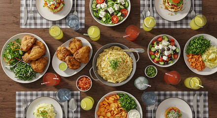 Top View of a Food-Laden Table An Assortment of Dishes and Ingredients Arranged Beautifully, Showcasing a Delicious and Inviting Culinary Spread.