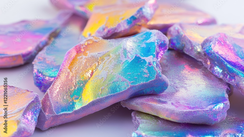 Poster a detailed view of iridescent rainbow clay with a soft, foamy texture, reflecting a range of colors 