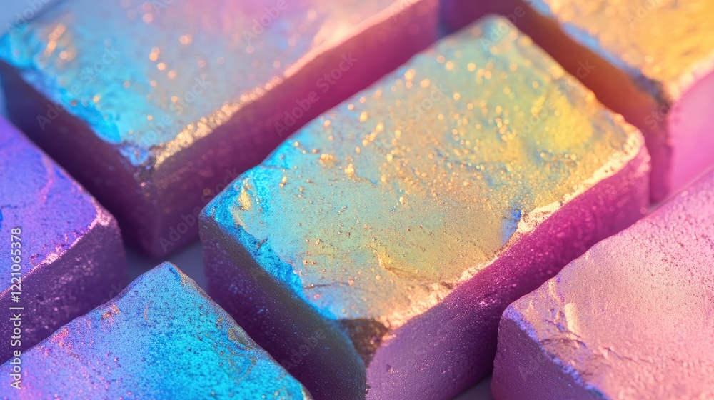 Poster a detailed view of iridescent rainbow clay with a soft, foamy texture, reflecting a range of colors 
