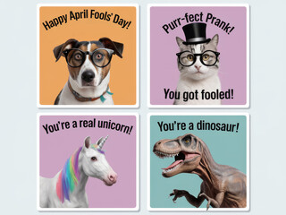 Humorous animal cards with dog, cat, unicorn, and dinosaur for april fools' day