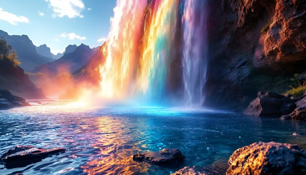 A Rainbow Waterfall Cascading Over Majestic Mountains
