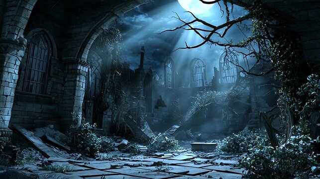Moonlit Ruins Gothic church devastation, overgrown, nighttime scene; game background