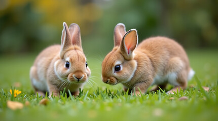 Fototapeta premium Curious Baby Bunnies Exploring a Garden
