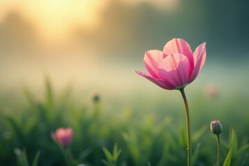 Obraz premium Gentle morning fog wraps around a delicate flower, landscape, delicate