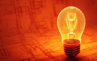 A glowing light bulb emits warm light against a textured orange background, symbolizing creativity and innovation in technology.