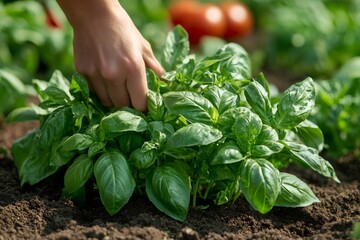 Farmer picking fresh basil leaves in vegetable garden