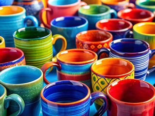 Vibrant Colorful Ceramic Mugs Macro Photography on Blue Background