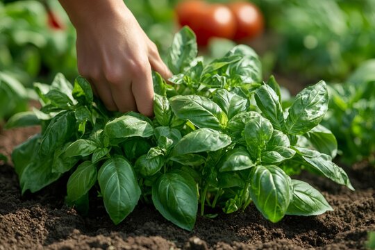 Farmer picking fresh basil leaves in vegetable garden