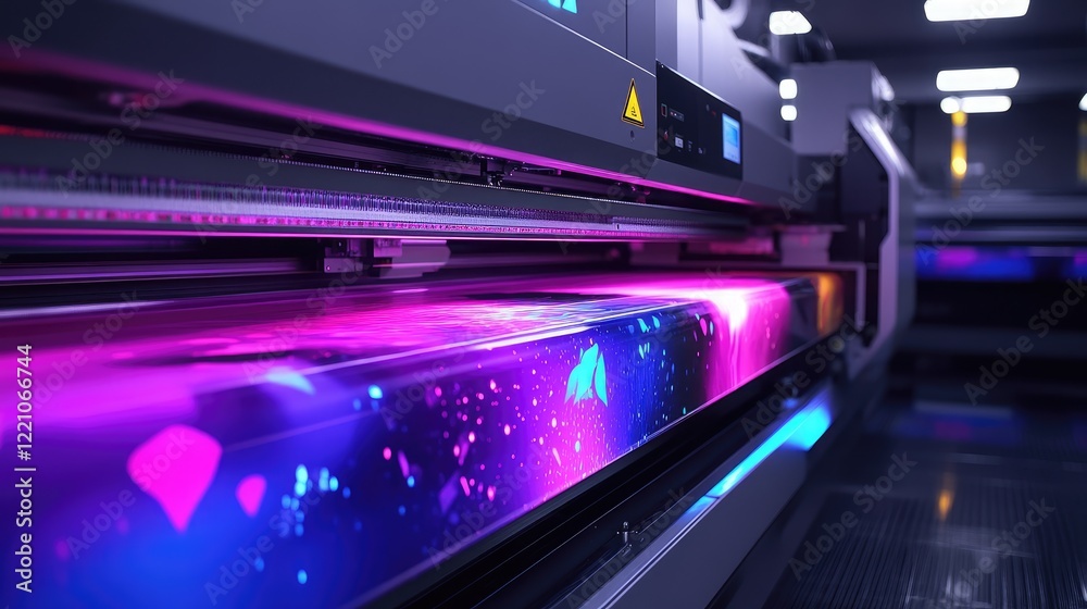 Poster a dynamic shot of an industrial inkjet printer releasing vibrant colors onto large format media in a