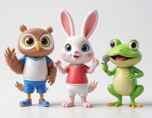 Obraz premium Animated owl, rabbit, and frog characters in sports attire with microphone