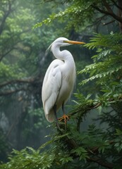 A regal white heron surveys its surroundings from the top of a lush green branch swaying gently in the rain , rainy day, cloudy sky