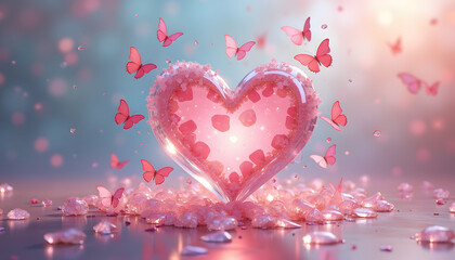 Heart-shaped decoration with pink butterflies and sparkles