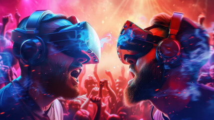 Two men in virtual reality headsets engage in DJ battle at vibrant party, surrounded by energetic crowd. atmosphere is electric and immersive