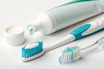 White plastic toothbrush with blue toothpaste ready for brushing teeth for dental hygiene