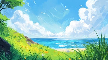 Obraz premium vibrant summer landscape with blue sky, ocean, and green grass