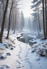 Obraz premium A snowy forest path winding through the trees with a frozen lake in the distance, peaceful scene, winding road