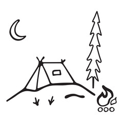Black and white vector doodle illustration of camping on a white background. A tent, a tree, a bonfire.