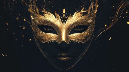 A Rio Carnival invitation design with thin, elegant typography and a simple gold mask illustration
