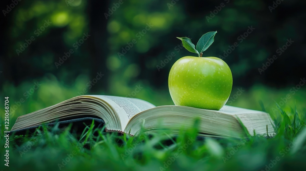 Poster a green apple atop an open book in a field of lush grass, blending the freshness of nature with the 