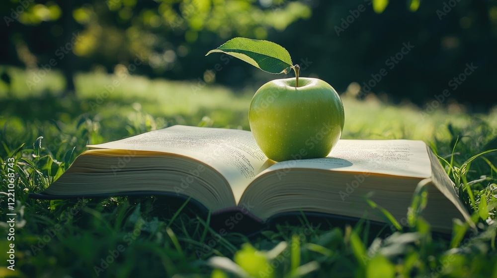 Aufkleber a green apple atop an open book in a field of lush grass, blending the freshness of nature with the 