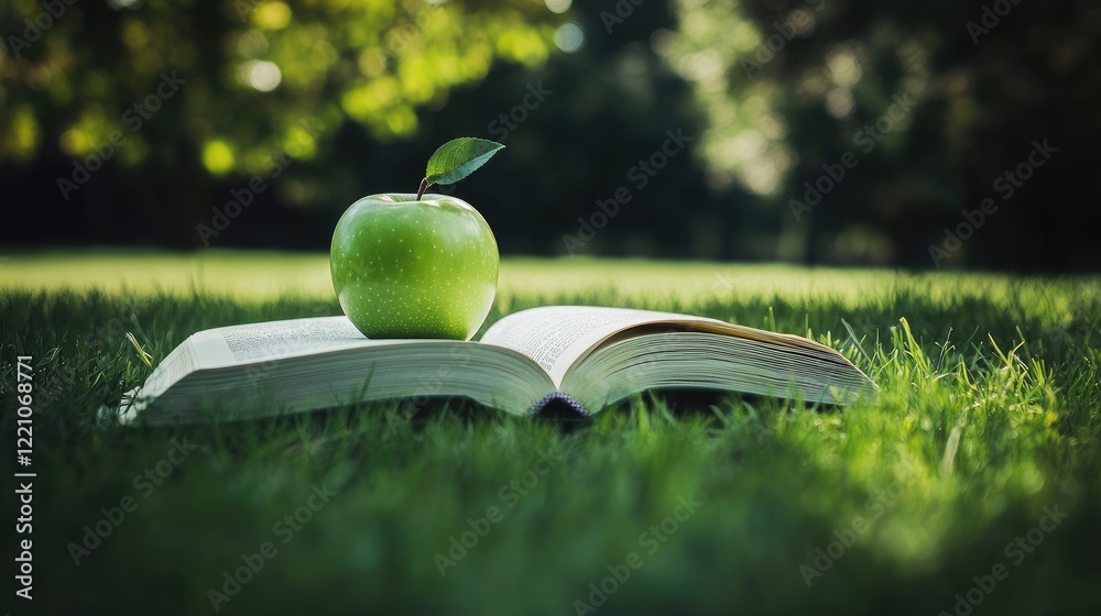 Poster a green apple atop an open book in a field of lush grass, blending the freshness of nature with the 