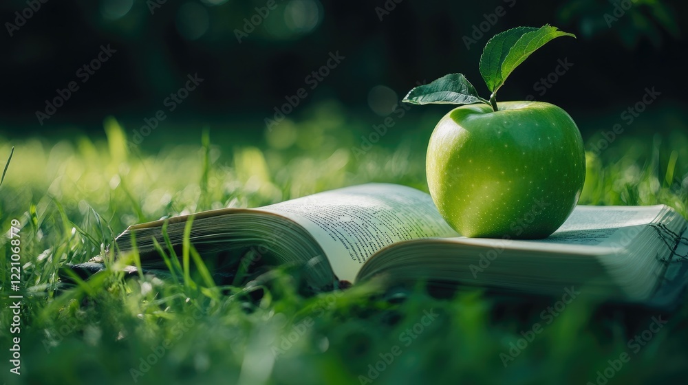 Poster A green apple on an open book, placed on lush grass, symbolizing the refreshing and enlightening combination of nature and knowledge.