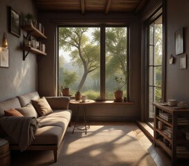 Fototapeta premium A solitary cup of coffee in a cozy reading nook, relaxing, coffee