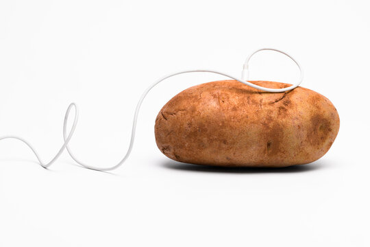 A russet potato with a white headphone cable attached it the top against a white background