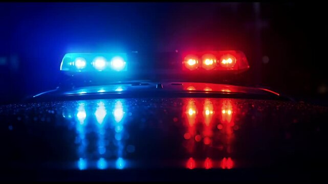Police car emergency lights at night. Red and blue flashing siren lights with reflection on wet surface