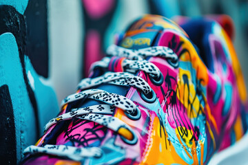 Close-up of colorful custom sneakers with bold graffiti art designs.