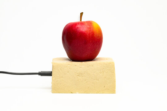 A red apple on top of a block of tofu with a power cable attached to its side against a white backround