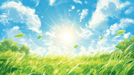 Obraz premium Bright summer landscape with sun, clouds, and green grass