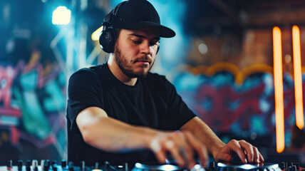 DJ performing in abandoned warehouse with graffiti, creating energetic atmosphere. focus is on DJ concentration and vibrant background