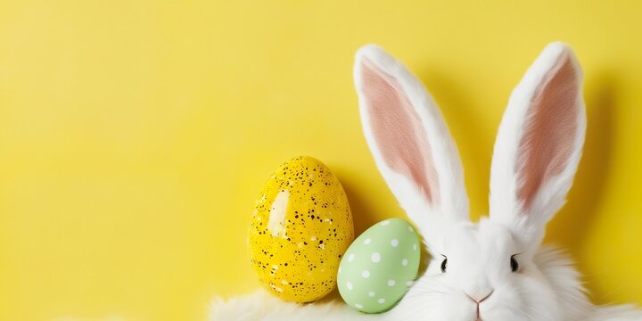 White fluffy easter bunny face and bright easter eggs, yellow background, cute easter 2025 banner with space for text